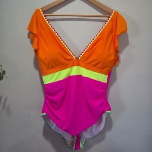 AIDONGER Neon Colorblock Ruffle One Piece Swimsuit Orange Pink Yellow NWT